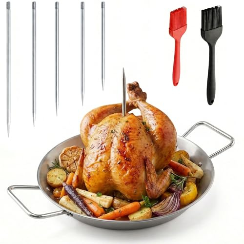Supporto Verticale per Kebab in Acciaio Inox, Spiedo Verticale Acciaio con 5 Spiedi Rimovibili e 2 Pennelli Silicone, Teglia da 25 cm per Shawarma, Gyros, Pollo Arrosto, Carne, Forno e Barbecue