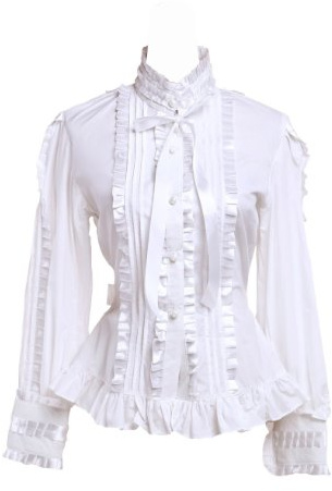 an*tai*na* Camicia Tradizionale Lolita vittoriana in Cotone Bianco con Arricciatura in Pizzo e Cravatta e Collo Alto,L