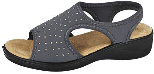 Yinka Shoes Ladies Stretch Canvas Diamante Wide Fit Lightweight Comfort Peep Toe Elastic Sling Back Flat Summer Sandals Size 3-8 (Pewter, Numeric_6)
