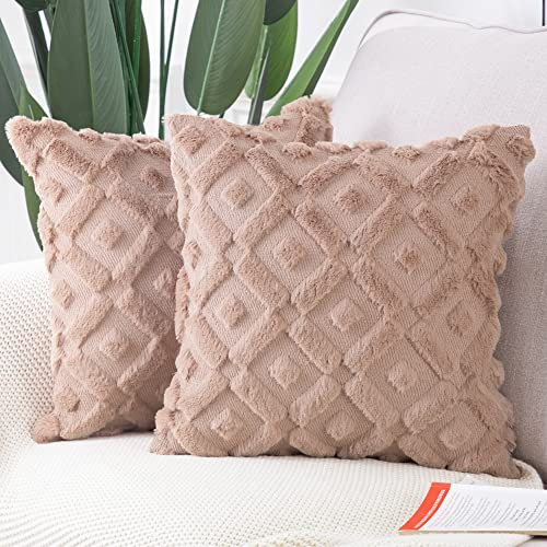 Madizz 2er Set Sanft Plüsch Kurze Wolle Samt Dekorativ Zierkissenbezüge Luxus Stil Kissenbezug für Sofa für Schlafzimmer Braun 50x50 cm Quadrat