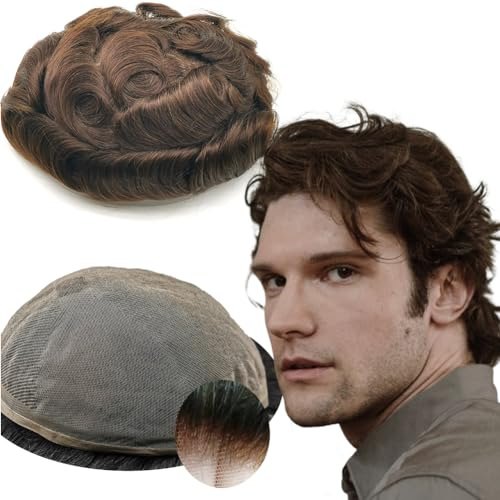 YANAHAIR Toupee for Men - Real Human Hair Replacement System - Fine French Lace Hairpiece - Customizable Hair Units - Natural-Looking Hair Pieces - Hair Prosthesis - #2 Dark Brown - 8x10 - Wavy