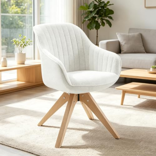 Zouron Chaise de Salle à Manger (avec Coussin épais), Chaise de Bureau pivotante sans roulettes (360°), Fauteuil de Salon (Ergonomique),Lot de 1,Beige（Coton et Lin+Bois Clair）