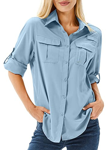 Toumett Women's UPF 50 Long Sleeve UV Sun Protection Safari Shirts Outdoor Quick Dry Fishing Hiking Travel Shirts(5071,Blue,L)