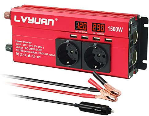 LVYUAN Convertisseur 12v 220v 1500W DC à AC convertisseur de Puissance Voiture onduleur Transformateur avec 4 Ports USB, 2 Prises EU et 2 Prises pour Allume cigares