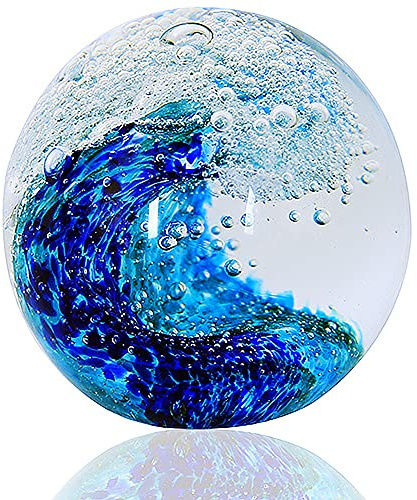 EUSTUMA Hand Blown Glass Figurines Ball Ocean Waves,Paperweight Glass Ball,Home Decor Collectible,Aquarium Decor,Office Decor Ocean Lovers (Ocean Waves)