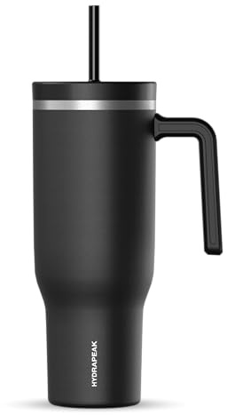 Hydrapeak Voyager Edelstahlbecher mit Griff, isolierte Wasserflasche mit Strohhalm und Deckel, Becherhalterfreundlich, wiederverwendbar, Reisebecher, Schwarz