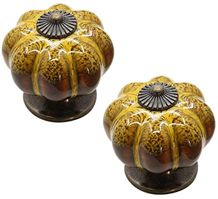 2pcs Poignées D'armoire en porcelaine Boutons Porte pour Enfants Joli manche en céramique Poignet de Placard Type de citrouille Tirage de Meubles pour Tiroir,Armoires (Yellow)