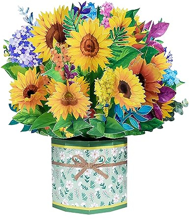 ROBBEAR Sunflower Bouquet Pop Up Card, 3D Flower Greeting Card with Envelopes for Any Occasion, Birthday, Mother's Day, Anniversary, Valentines Day, Handmade Gifts, Foldable Flower Cards for Friends