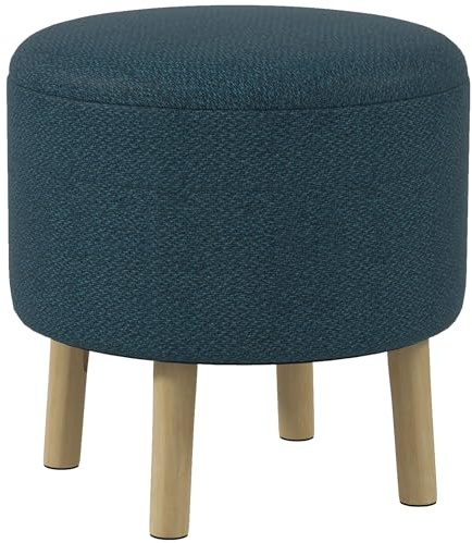 HOMCOM Round Storage Stool, Linen Fabric Upholstered Foot Stool with Removable Top, Padded Seat, Hidden Space and Wooden Legs for Living Room, Blue