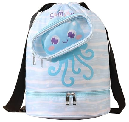 SacJkt Bolsa de Natación Niño, Mochila de Cuerdas, Mochila con Cordón para Niños, Bolsa de Gimnasio Impermeable con Compartimento Separado para Zapatos para Niñas y Niños(Pulpo Azul)