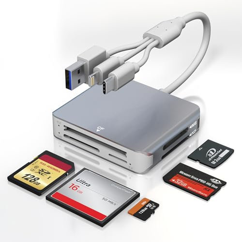 5 en 1 Lector Tarjetas SD para iPhone/MAC/iOS/Android, Lector de Tarjetas SD para CF/XD/SD/TF/MS, Adaptador Memory Stick Pro Duo, Lector de Tarjetas Compact Flash, Lector de Tarjetas USB Lightning OTG