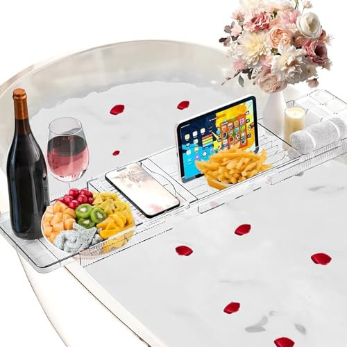 Hengrongshen Plateau Baignoire, Tablette Baignoire Réglable, Pont de Baignoire Transparent, Planche Baignoire pour Bougies, Verre à Vin, Livre, Tablette, Ipad et Livres