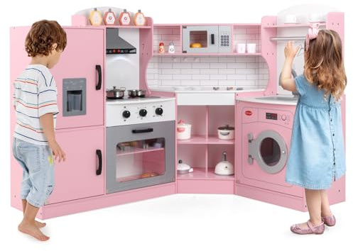 Maxmass Kids Corner Kitchen, Wooden Children Play Kitchen with Light & Sound, Ice Dispenser, Accessory Utensils, Toddler Role Play Cooking Playset for Girls Boys (Pink without Telephone)