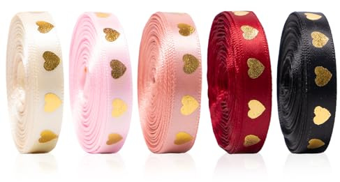 Bofanze 5 Piezas Cinta de Satén Impresa de Corazón Cinta de Seda Multicolor | 1 cm x 10 m, 5 colores, motivos de corazones, embalaje de regalo