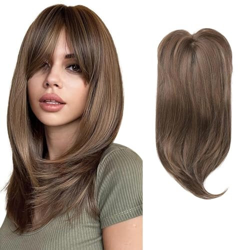 XFSRG Extension Capelli Veri Clip Topper Senza Frangia Umani Toupet Capelli Lisci Naturali per Donne con Capelli Diradati o Capelli Grigi (05-4 Marrone)