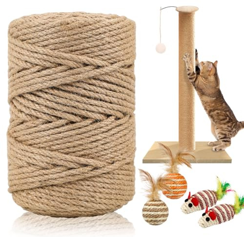 Pinsit 262 ft Sisal Rope for Cat Scratcher, 6mm Thick Rope for Cat Scratch Post, Twine for Cat Scratching Post Replacements, DIY Hemp Twine Rope with 4 Random Colors Mouse Ornaments