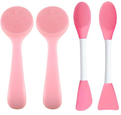 4 cepillos faciales, pinceles para máscaras, incluye 2 cepillos faciales de silicona y 2 pinceles para máscaras en el juego, cepillo facial rosa de silicona para limpieza diaria y mascarillas, ligero