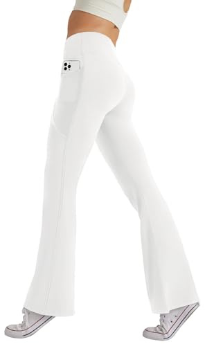 Glacspyg Damen Hose mit Taschen Yogahose Freizeit Jogginghose High Waist Sporthose Elastische Weite Bootcut Jazzpants Weiß XL