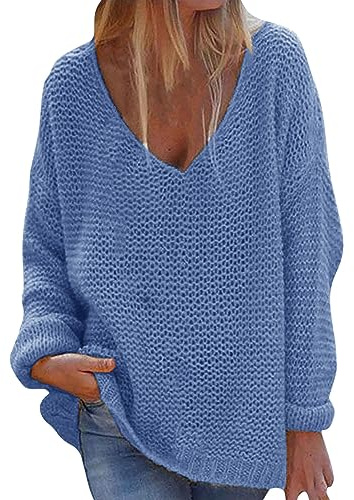 Damen Oberteil Oversized V-Ausschnitt Pullover Elegant Grobstrick Pulli Langarm Strickpullover Einfarbig Winter Lässig Sweater Casual Lose Grobstrickpullover Warm Outwear Sweatshirt Tops, marine, XL