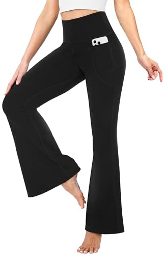 TNNZEET Slagbyxor, dam, hög midja med fickor, yogabyxor, utsvängda leggings, ogenomskinliga, bootcut, jazzbyxor, joggingbyxor för gym, sport, A-svart, XL