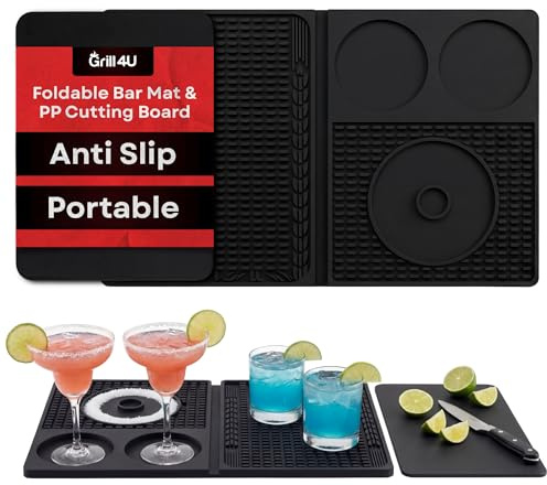 Foldable Bar Mat with Cutting Board - 18 x 12 Professional Bartending Station - Non-Slip Silicone Drip Mat for Home Bar, RV Bar, Outdoor Bar & Events - Easy Storage Bar Accessories