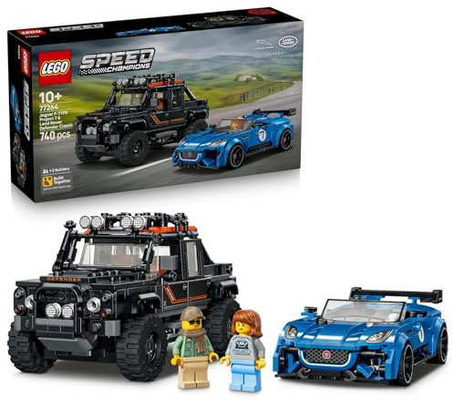LEGO Speed Champions Jaguar Project 7 och Land Rover Defender – Byggset för barn från 10 år – Modellbyggsats med 2 bilar och 2 minifigurer – Present för pojkar, flickor och bilentusiaster – 77264