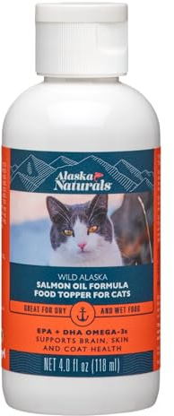 Alaska Naturals – Wild Alaska Salmon Oil Formula Cat Food Topper – EPA and DHA Omega-3 - Supplement for Cats Healthy Skin, Shiny Coat – Made in The USA – 4 oz Bottle