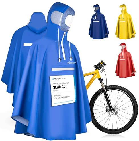 Regenponcho Fahrrad extra wasserdicht und robust - TEST SEHR GUT - Premium Regencape Fahrrad mit Reflektoren, Sichtfenster - Regenbekleidung als Regenponcho Herren und Damen - Regenjacke Blau in XL