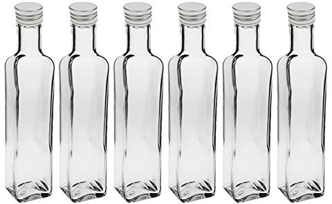 hocz 6x leere Glasflaschen 500ml Schraubverschluss Silber Eckig - kleine Flaschen zum Befüllen mit Deckel - für Saft, Getränke, Likör, Öl, Saucen - 6 Stück, Maraska