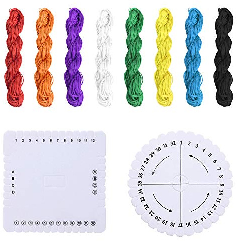 Kumihimo Disks Set,2 Pieces Round Square Kumihimo Beading Cord Disc with 8 Colors Knotting Cord Nylon Macrame Thread Cord Beading String for Bracelet Jewelry Making