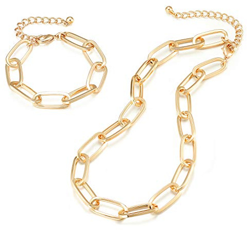 LANE WOODS Chunky Gold Necklace and Bracelet Set for Women, Paperclip Chain