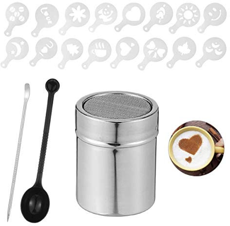 1 pz Draghe in Acciaio Inox Shaker in Polvere,Shaker per Cioccolato con 16 Stampo per Cappuccino, 1 Cucchiaio Dosatore e 1 Perno di Arte del Caffè, per Cucina, Bevande, Pasticceria