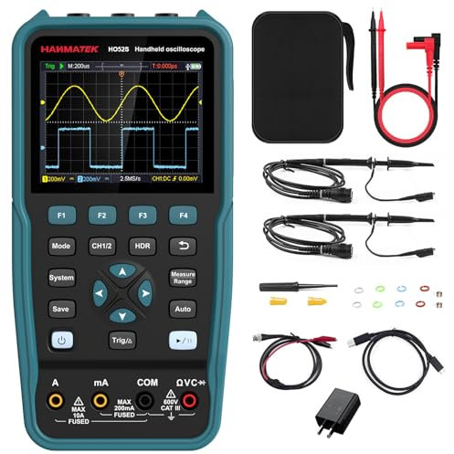 HANMATEK 3 in 1 Handheld Oszilloskop mit 2 Kanälen HO52S 3.5 TFT Oszilloskop,50Mhz Wellenform Generator Multimeter mit beleuchtetem Bildschirm,Auto-Kalibrierung Funktion,Memory-Funktion, Multi Tester