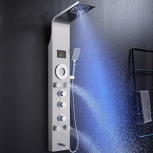 ROVOGO Shower Panel Tower System Unibody Design, Rain Mist Shower, Body Jets, Handheld and Tub Spout, No Battery Needed Led Lights and Temp Display, Shower Column 304 Stainless Steel Brushed