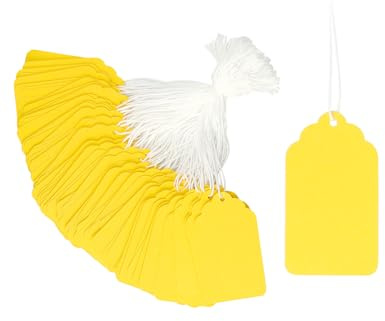 QWORK Yellow Paper Gift Tags - 500 Pcs, 2.76 x 1.69, Writable Labels with String, Merchandise Hang Tags
