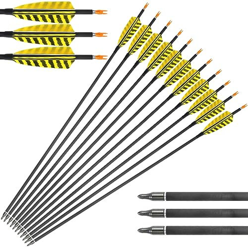 12 Stück 28-31 Zoll Spine 600 Bogenpfeile Reine Carbonpfeile Mit Gelb Gestreifte Truthahnfedern Jagdpfeile Für Die Jagd Im Freien Für Recurvebogen Langbogen Compoundbogen Und Jagdbogen (28Zoll)