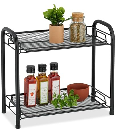 Relaxdays Scaffale Portaspezie a 2 Ripiani, Organizer da Tavolo Cucina o Mensola Bagno per Make-Up, in Metallo, Nero