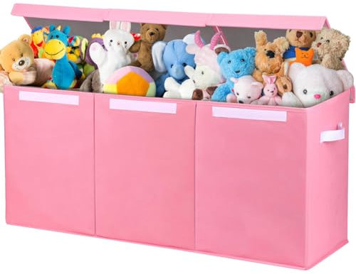 BAKAJI Scatole Portagiochi per Bambini, Scatola Portaoggetti con Coperchio e 3 Scomparti, Porta Giochi da Cameretta Pieghevole in TNT, Scatole Organizer Box Capacità 118 Litri, 91.5x32x40.5cm (Rosa)