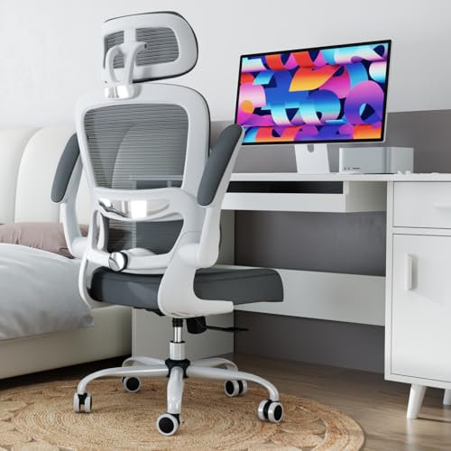 TRALT Bürostuhl Schreibtischstühle Mesh Computer Schreibtischstuhl mit Rollen Ergonomischer Bürostuhl Höhenverstellbar Drehstuhl Arbeitsstuhl (Schwarz) (Kopfkissen, Hellgrau)