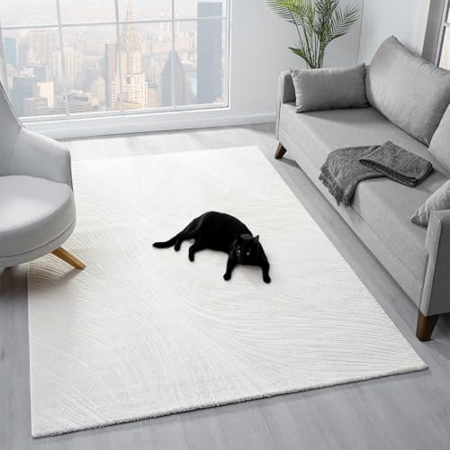VIMODA Teppich Wohnzimmer Teppich Schlafzimmer, Flur, küche Kurzflor Boho Design Unifarbe Hoch-Tief-Effekt Modern 3D Weich, Farbe:Creme, Maße:160x230 cm