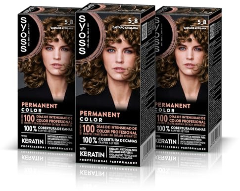 SYOSS Permanent Color 5-8 Castaño Avellana, tinte de pelo y mascarilla intensiva con keratina, para una cobertura profesional de canas, color duradero y cuidado intensivo, Pack 3
