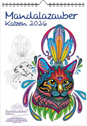 DIY Mandalamagi katter färgläggningskalender DIN A4 kalender för 2026 mandala teckning måla – själamagi