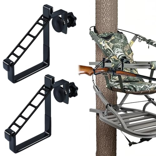 Mofuiry 2 Pack Metal Heavy Duty Tree Stand Gun Holder Rustproof Hunting Bow Holder Treestand Gun Rest Rifle Holder for Climbing Tree Stand Hunting, Adjustable Universal Treestand Gear Hanger