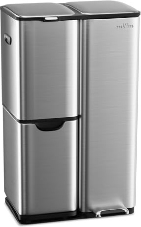 mVm Kitchen Bin,60L Triple Rubbish Bin,3 Compartment Stainless Steel Pedal Bin,Recycling Bin with Soft-Close Lids and Plastic Inner Buckets,Fingerprint Proof,Odour Seal,Large Capacity Trash Can