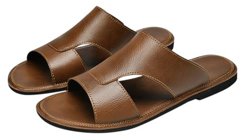 Sandalias de cuero para hombre, pantuflas planas de verano, sandalias transpirables con parte superior de piel, ligeras, zapatos informales, pies anchos, pantuflas al aire libre para el tiempo libre