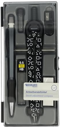 Westcott Zirkel Set Gamer Black | 6-teilig mit Schnellverstellzirkel, Nachfüllminen, Anspitzer, HB Druckbleistift inkl. 12 Minen, Radierer | Zirkel mit Feststellrad | E-711419 00