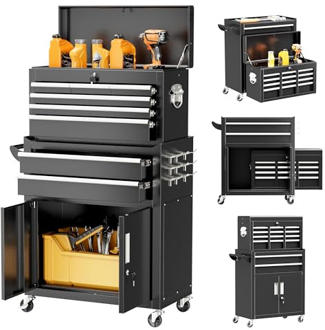Bonusall Rolling Tool Chest with Wheels, 8 Drawer Metal Tool Cart with Portable Tool Chest and Work Bench, Assembled Tool Box with Drawer and Hooks for Garage, Workshop, Warehouse - Black