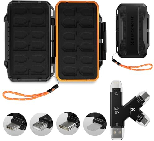 K&F CONCEPT 36 Slots Memory Card Case for 12 SD Cards and 24 Micro SD Cards, with External 4 in 1 Type C/USB 2.0/ Lightning/Micro-B Card Reader, Anti-Shock TF SD Card Holder with Memory Card Reader