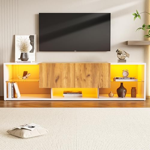 Merax LED TV Unit High Gloss TV Cabinet for 70 Inch TV,160x40x42 cm, 2 Drawers & 5 Open Shelves,Glass Shelves & APP Control LED Lights, Wood & White Media Sideboard for Living Room Bedroom