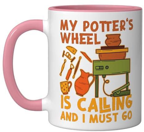 Pottery Ceramics Artist My Potter's Wheel Is Calling And I Ceramic Mug, Pink/White, 11oz